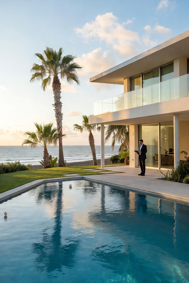 Corretor avaliando imóvel frente ao mar