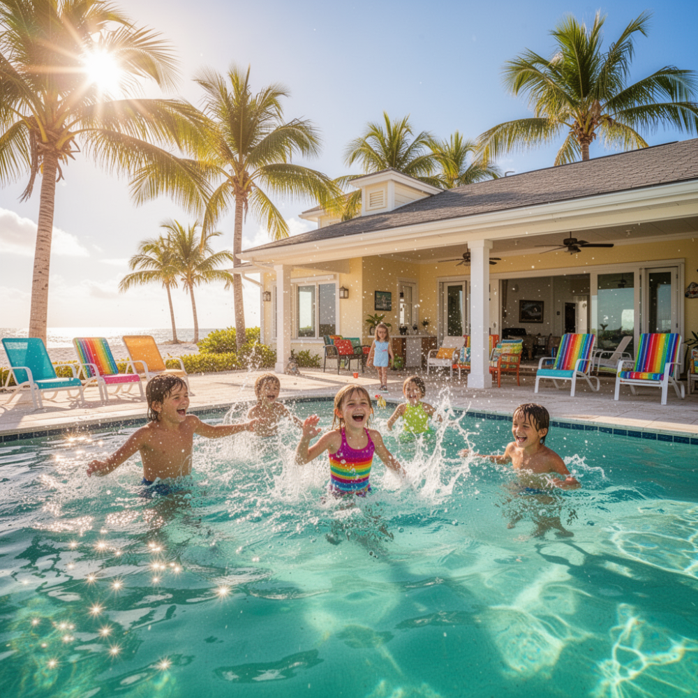 casa de praia com crianças na piscina